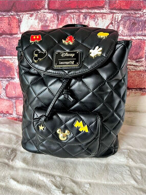 Disney Loungefly Mickey Mouse Icons Quilted Pin Flap Mini Backpack Black